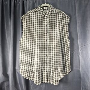 Before You Black White Plaid Woven Button-Up Collared Top Women's Sleeveless M